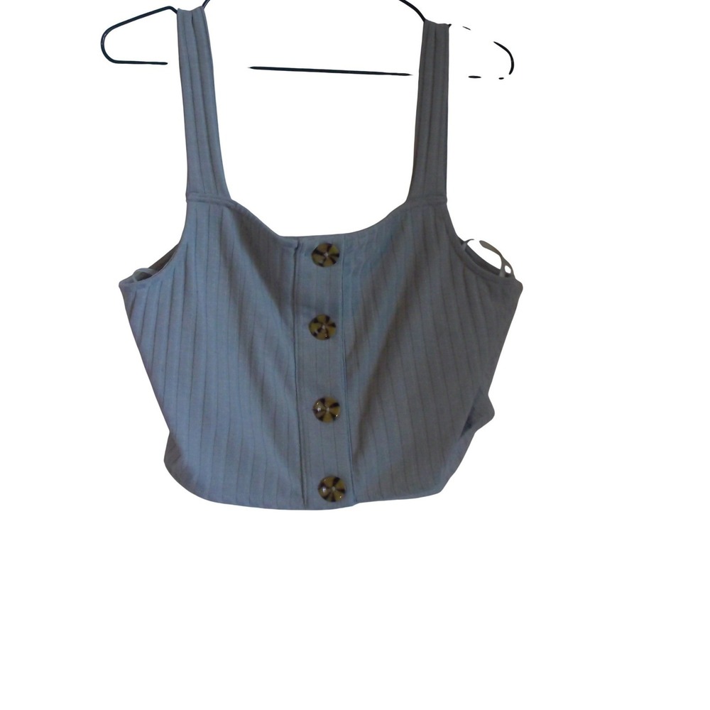 Cage Womens Ribbed Knit Button Front Crop Top Light Blue Sleeveless Tank‎ Large